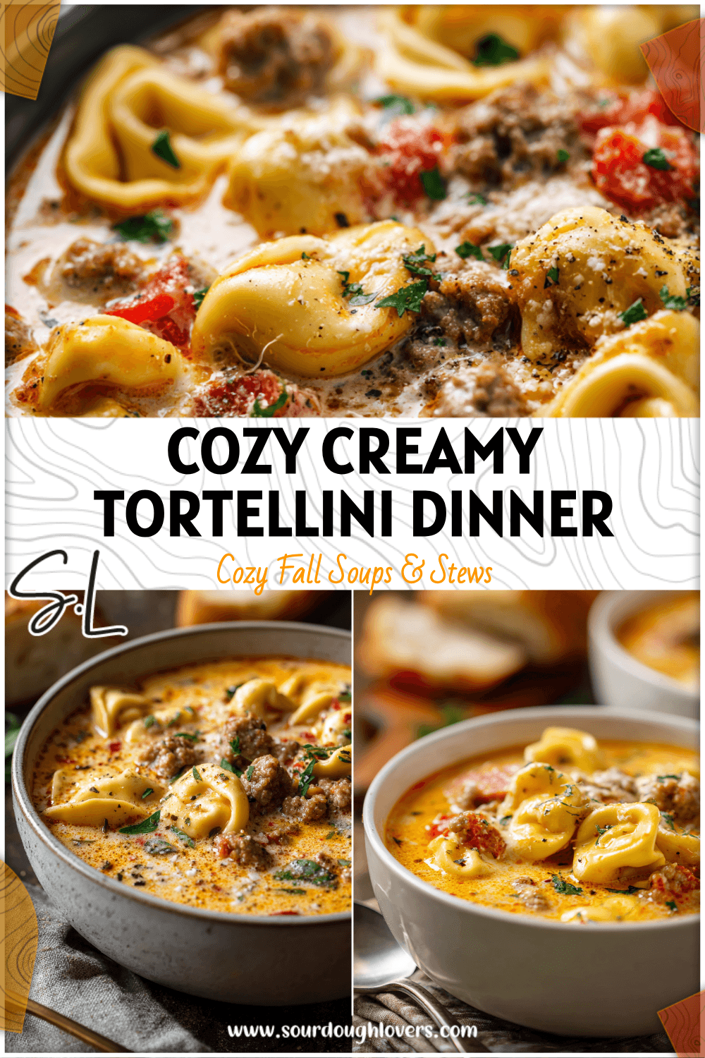 Bowl of creamy tortellini and sausage soup garnished with herbs in a rustic crockpot setting. 26